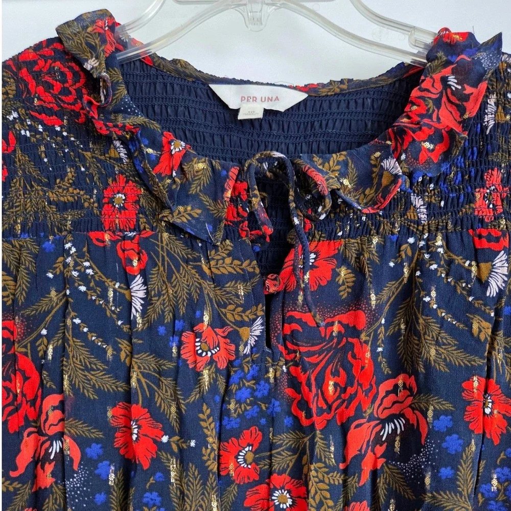 Per Una Marks Spencer Navy Floral Metallic Maxi Dress Smocked Tiered Size 10 - Picture 2 of 8